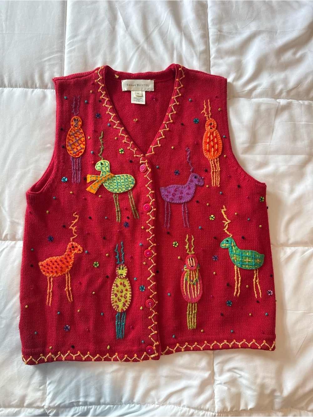 Susan Bristol Red Embroidered Vintage 2000 Vest with Multi-Color Reindeer Motifs